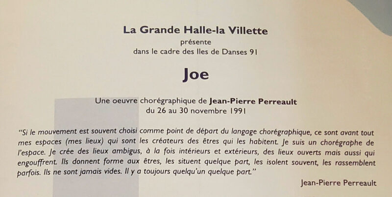 Détail du programme de spectacle, La Villette, Paris, France, Fonds Jean-Pierre Perreault (BAnQ), 1991.