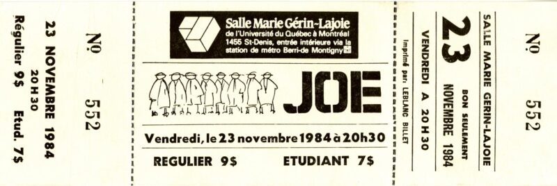 Verso d’une affichette de spectacle, Fonds Jean-Pierre Perreault (BAnQ), 1984.