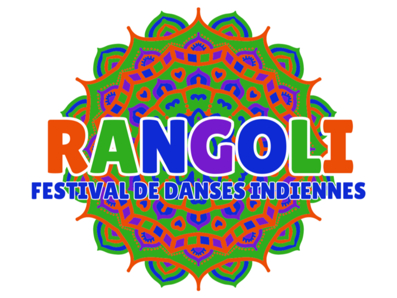 logo de Rangoli - Festival de danses indiennes, inscription du titre du festival sur fond de rangoli vert, rouge, mauve et bleu